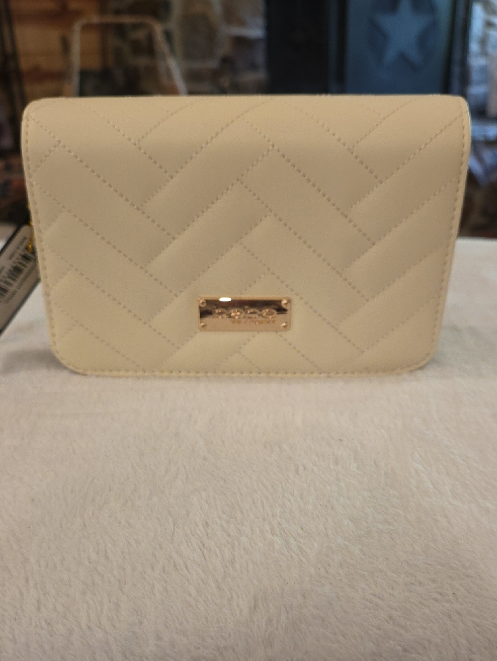 bebe Cream Quilted Wristlet with Gold Logo Plaque